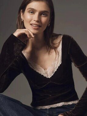 Anthropologie Velvet Lace V-Neck Top, XXS